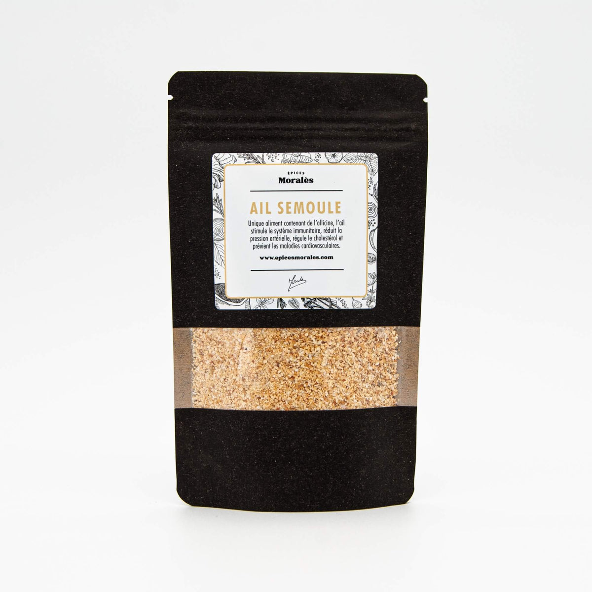 Recharge d’ail semoule Épices Moralès en sachet kraft noir refermable, ail séché pratique pour la cuisine.