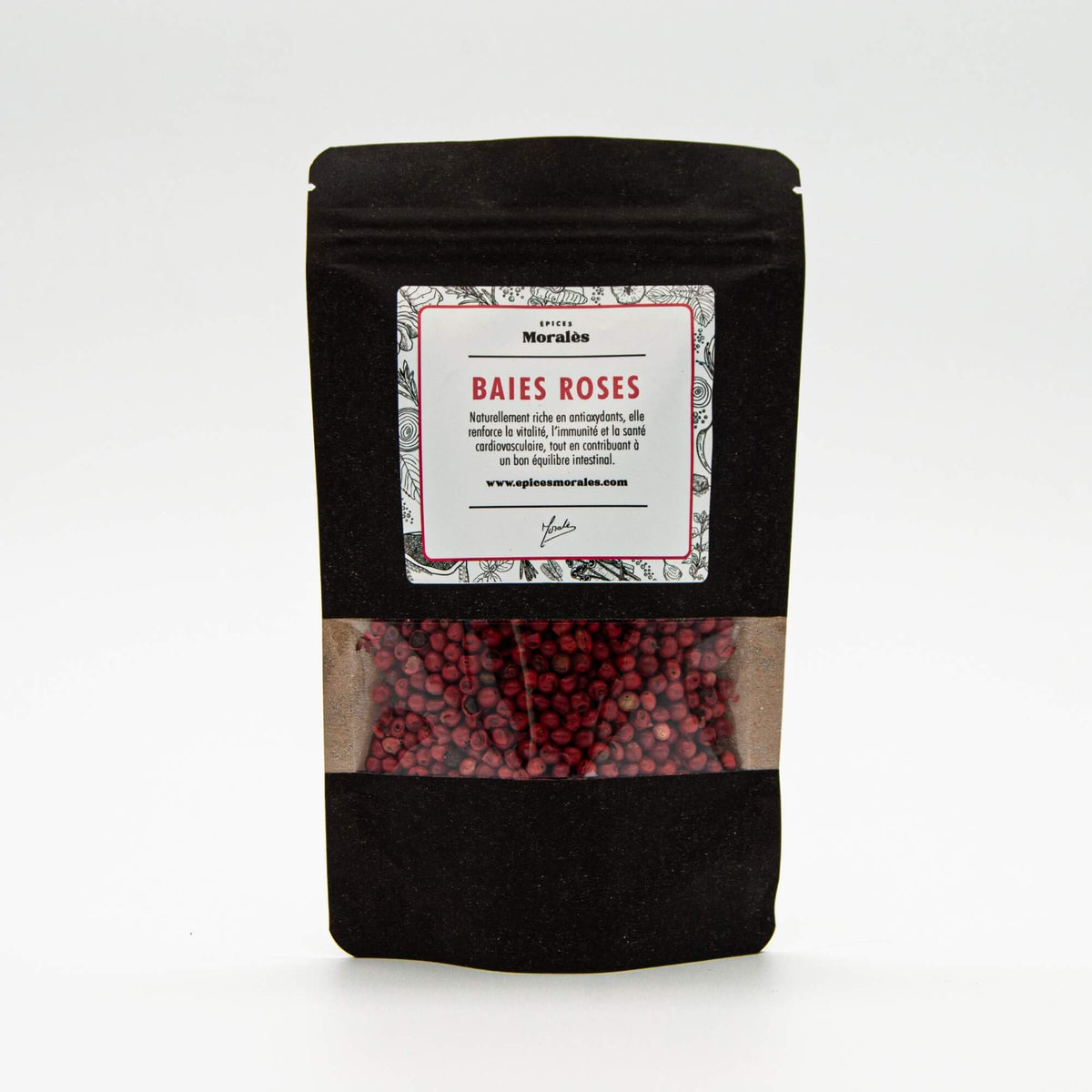 Recharge de baies roses Épices Moralès en sachet kraft noir refermable, baies aromatiques douces et légèrement poivrées.
