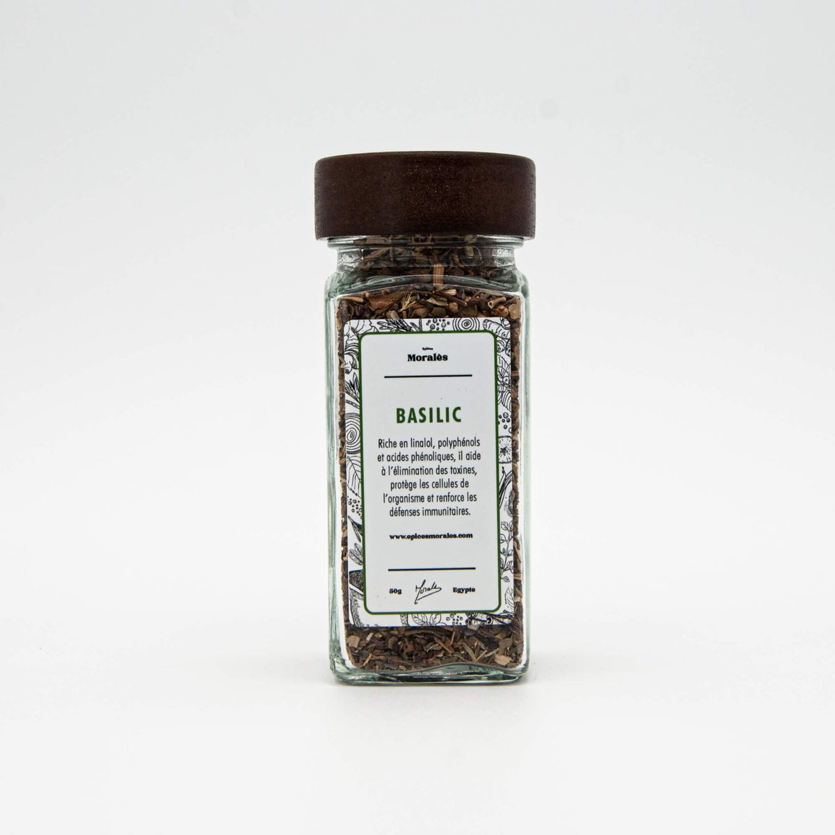 Fiole de basilic Épices Moralès, herbe séchée parfumée pour pâtes, tomates et plats méditerranéens.