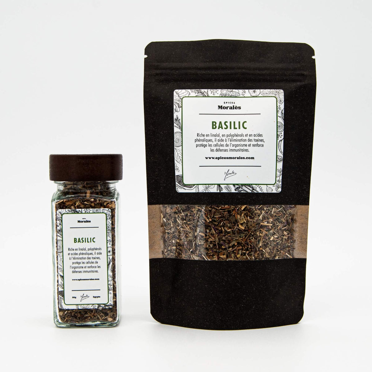 Fiole et recharge de basilic Épices Moralès, herbe séchée gourmande pour sauces et plats ensoleillés.