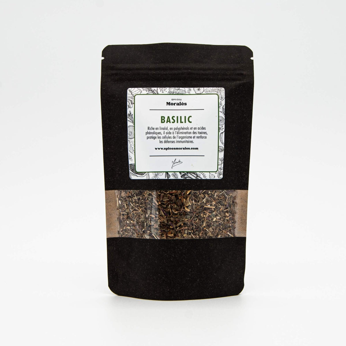 Recharge de basilic Épices Moralès en sachet kraft noir refermable, herbe aromatique séchée pour la cuisine italienne.