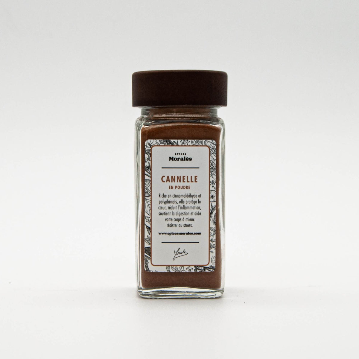 Fiole de cannelle en poudre Épices Moralès, épice douce et sucrée pour desserts, boissons et plats mijotés.