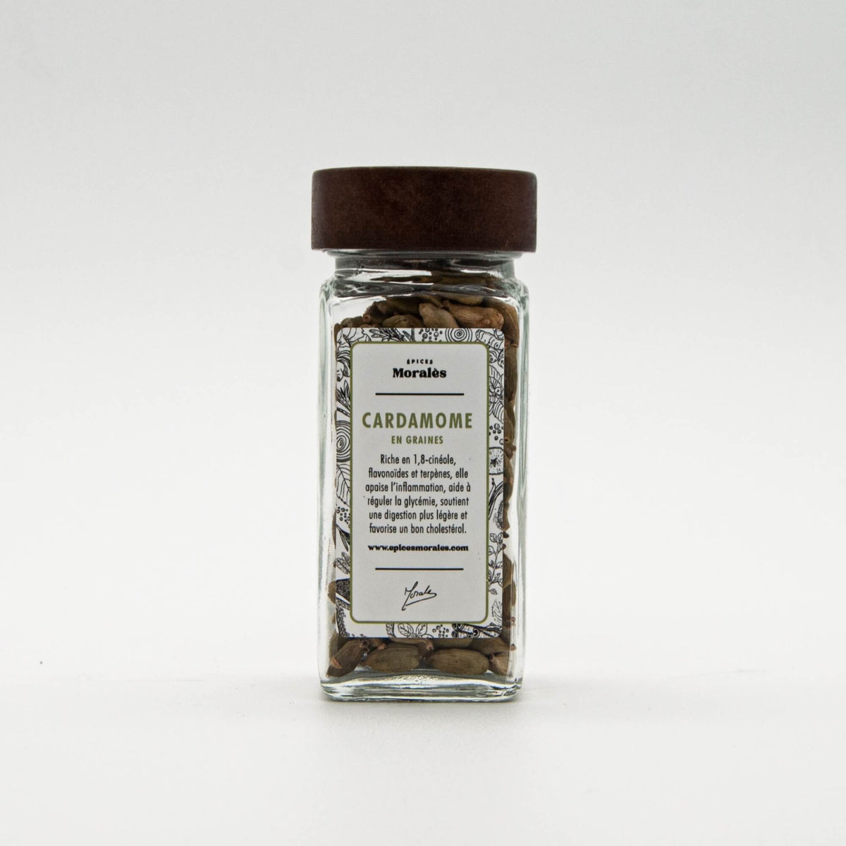 Fiole de cardamome verte en graines Épices Moralès, épice intense aux notes citronnées et mentholées.