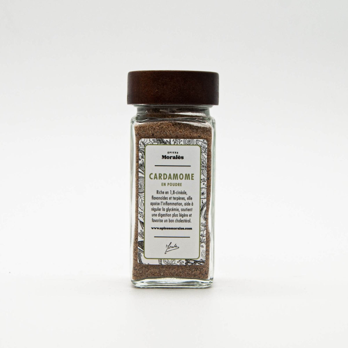 Fiole de cardamome verte en poudre Épices Moralès, épice fraîche et citronnée pour pâtisseries et plats indiens.