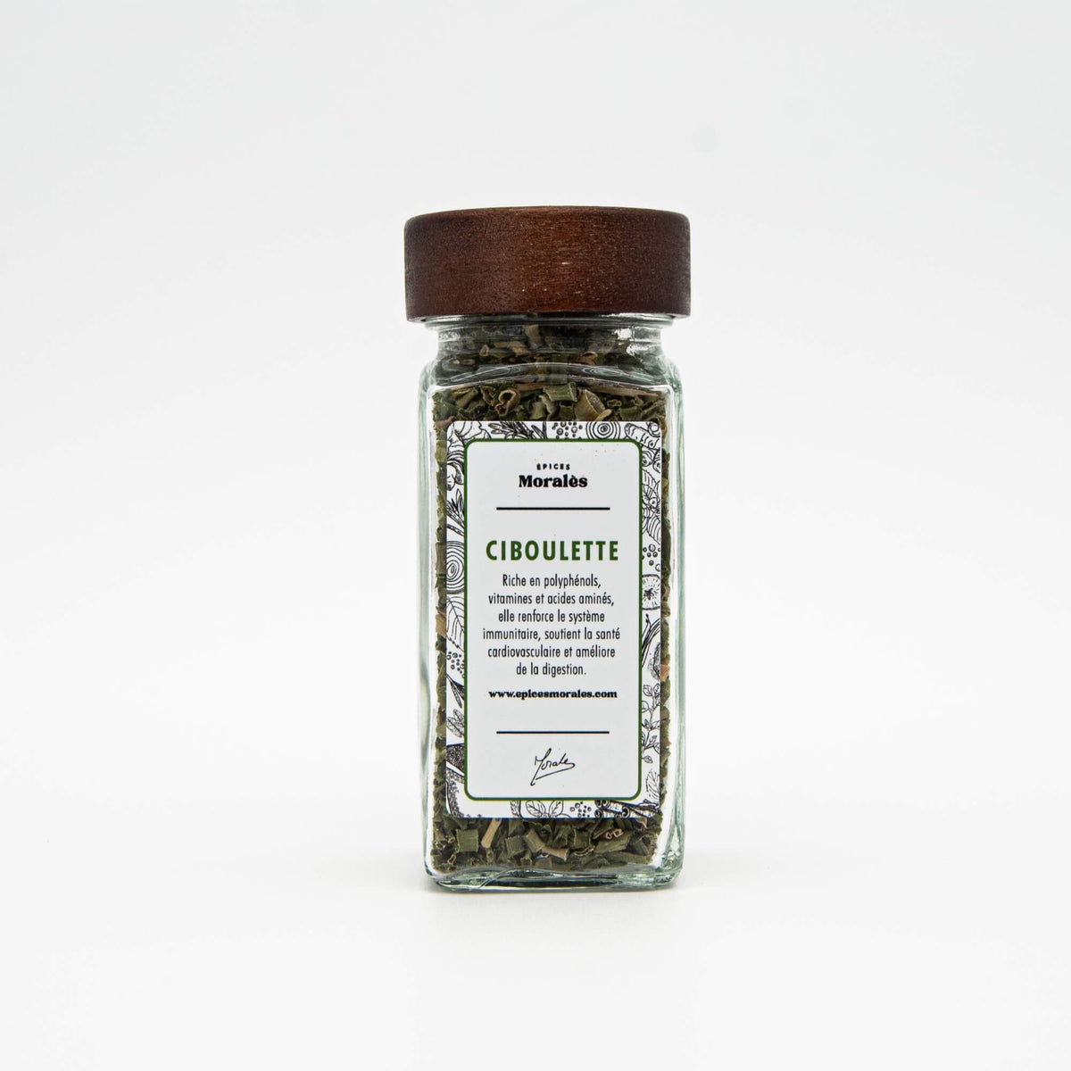 Fiole de ciboulette Épices Moralès, herbe séchée au goût frais et délicat pour omelettes, salades et sauces.