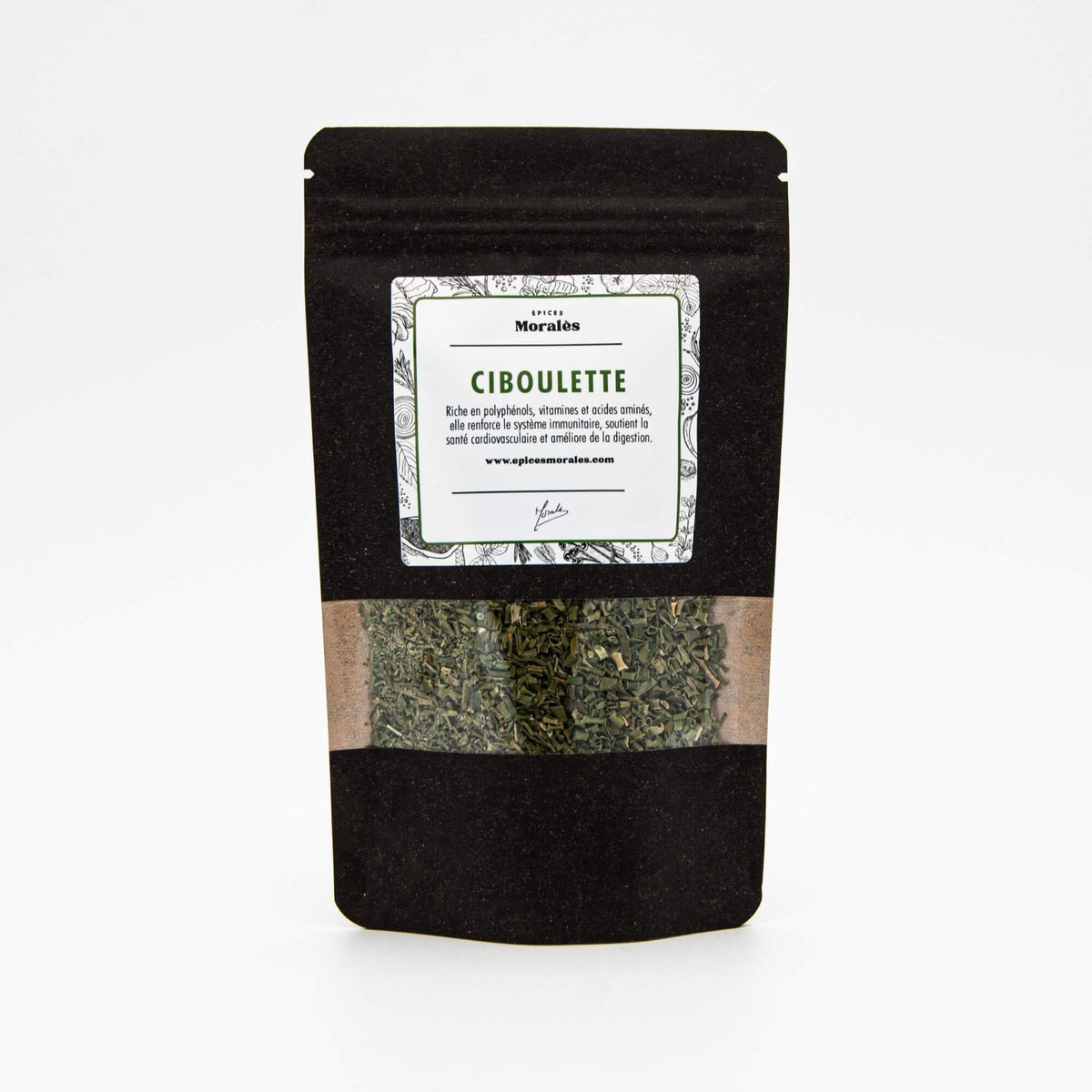 Recharge de ciboulette Épices Moralès en sachet kraft noir refermable, herbe aromatique séchée pour la cuisine quotidienne.