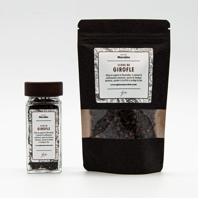 Fiole et recharge de clous de girofle Épices Moralès, épice aromatique emblématique pour sauces et marinades.