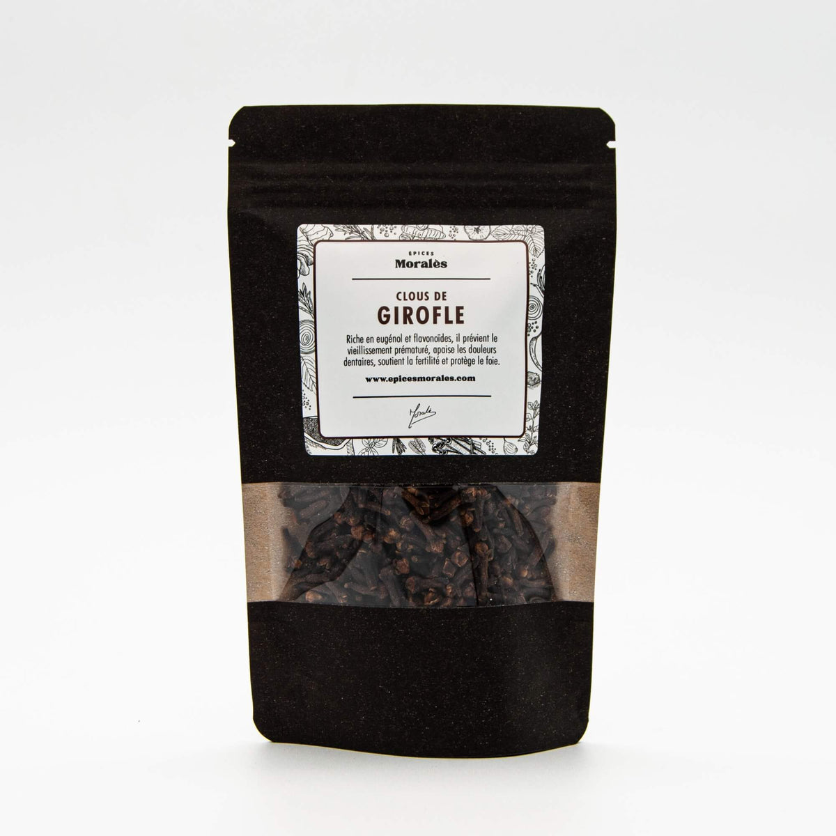 Recharge de clous de girofle Épices Moralès en sachet kraft noir refermable, épice intense pour pâtisserie et cuisine salée.