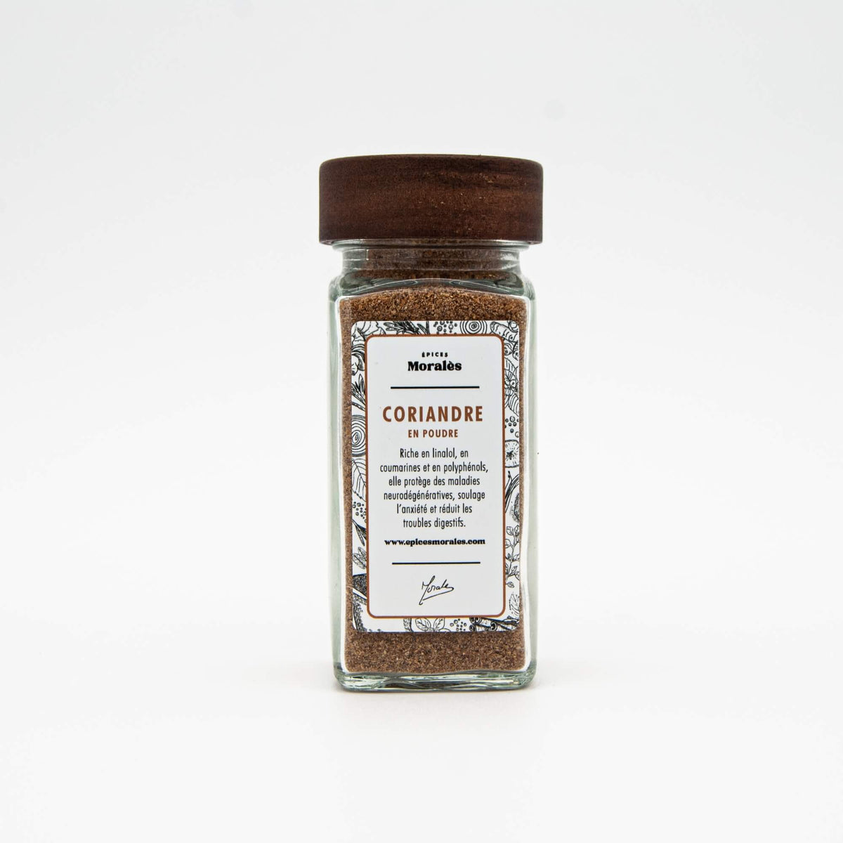 Fiole de coriandre en poudre Épices Moralès, épice moulue au parfum citronné pour assaisonner vos plats.