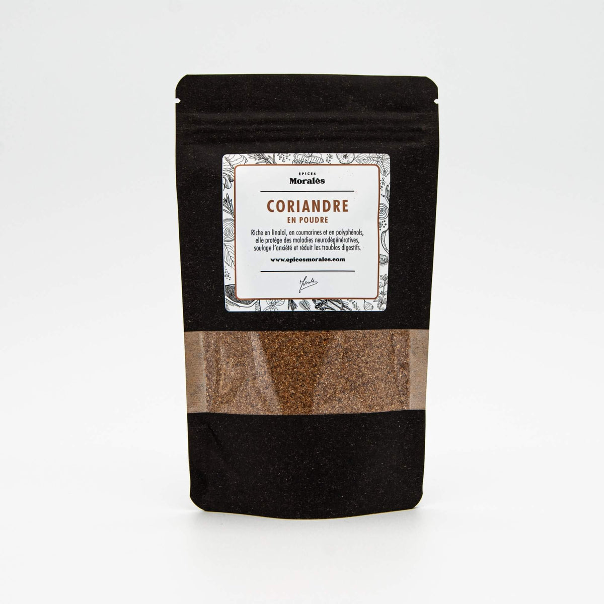 Recharge de coriandre en poudre Épices Moralès en sachet kraft noir refermable, épice douce et aromatique.