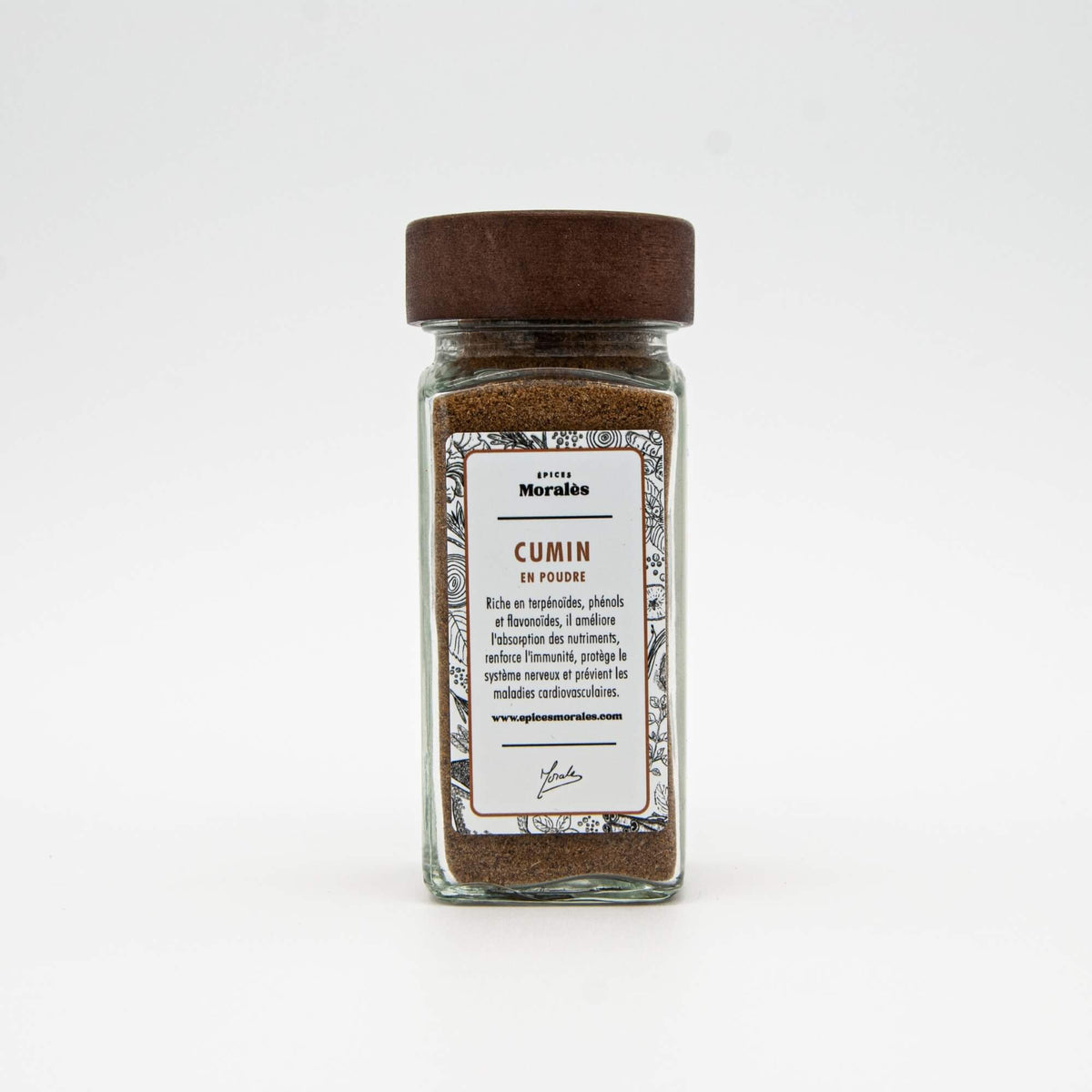Fiole de cumin en poudre Épices Moralès, épice orientale au goût chaud et terreux pour plats mijotés.