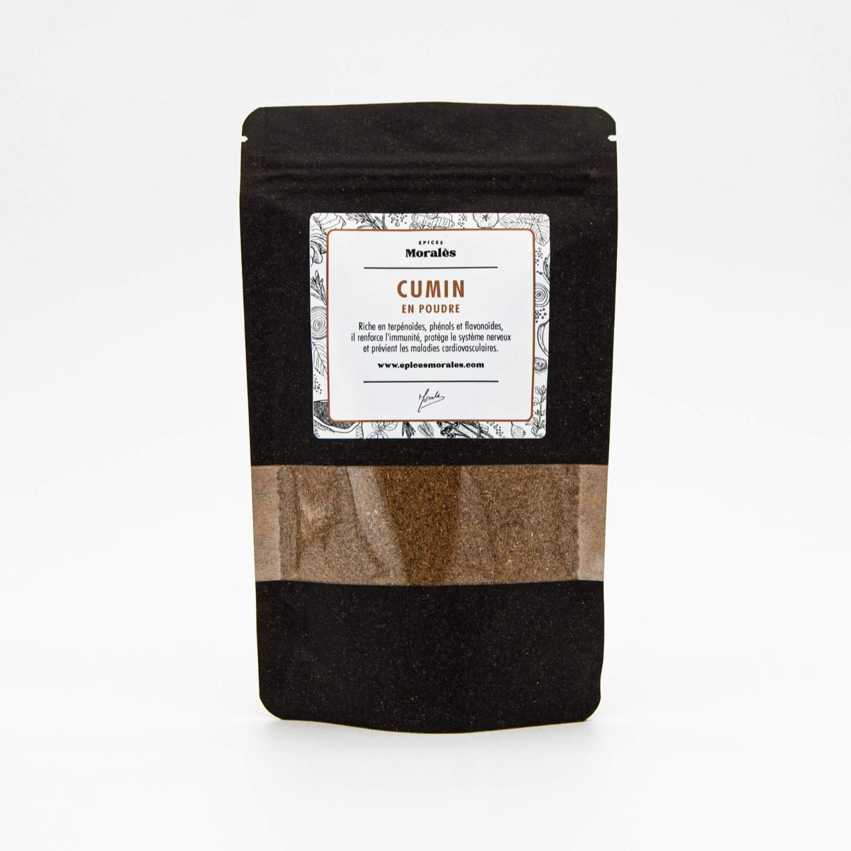 Recharge de cumin en poudre Épices Moralès en sachet kraft noir refermable, indispensable des cuisines du monde.
