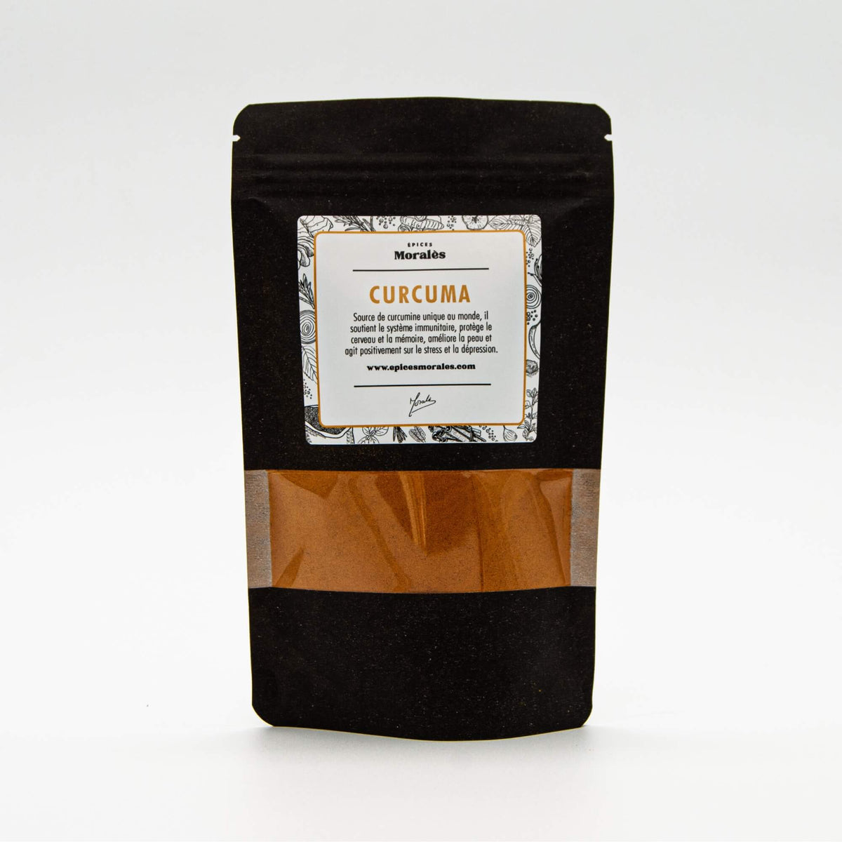 Recharge de curcuma en poudre Épices Moralès en sachet kraft noir refermable, incontournable pour cuisine indienne.