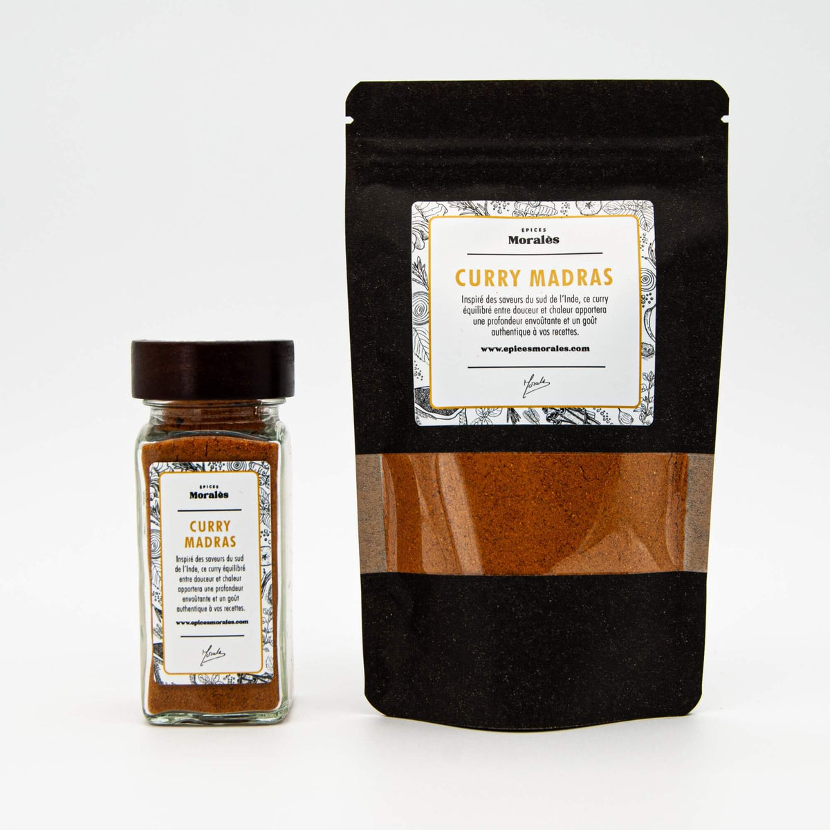 Fiole et recharge de Curry Madras Épices Moralès, mélange d’épices dorées pour currys et sauces savoureuses.