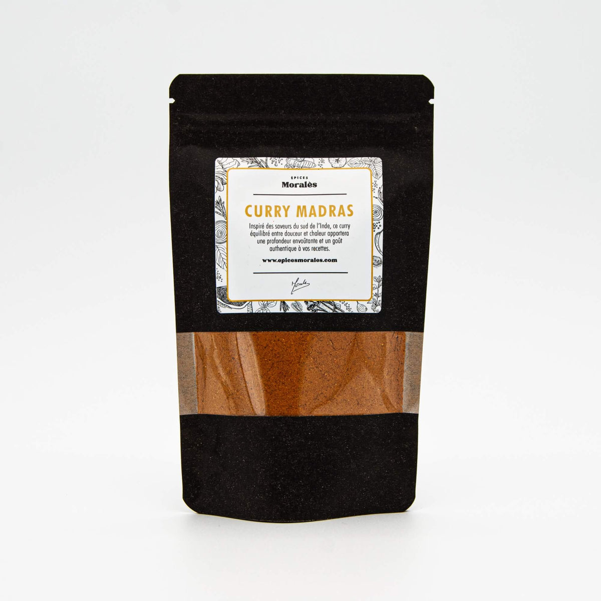 Recharge de Curry Madras Épices Moralès en sachet kraft noir refermable, épice emblématique pour plats exotiques.