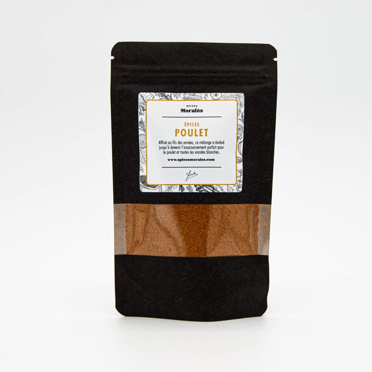 Recharge d’Épices Poulet Épices Moralès en sachet kraft noir refermable, mélange complet pour poulet rôti ou wok.