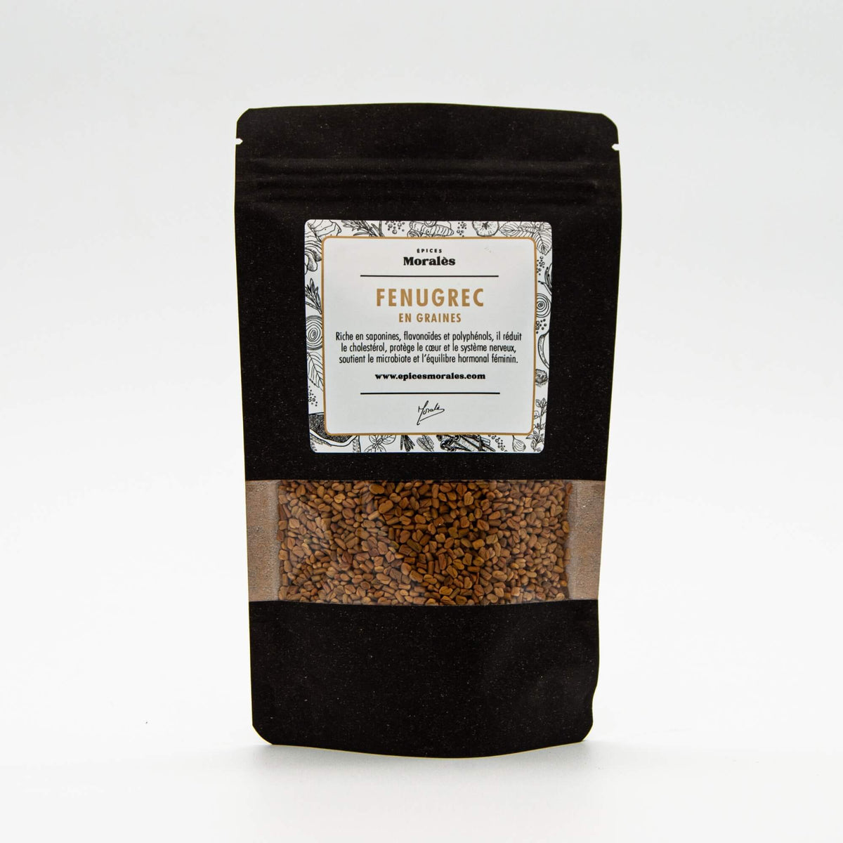 Recharge de fenugrec en graines Épices Moralès en sachet kraft refermable, épice indienne à griller ou infuser avant cuisson.