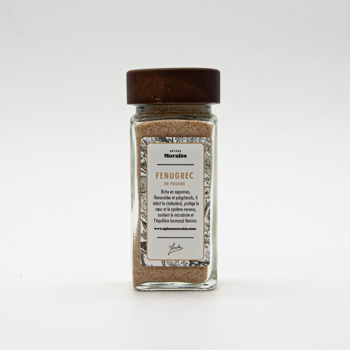 Fiole de fenugrec en poudre Épices Moralès, épice orientale au goût légèrement amer pour currys et sauces.