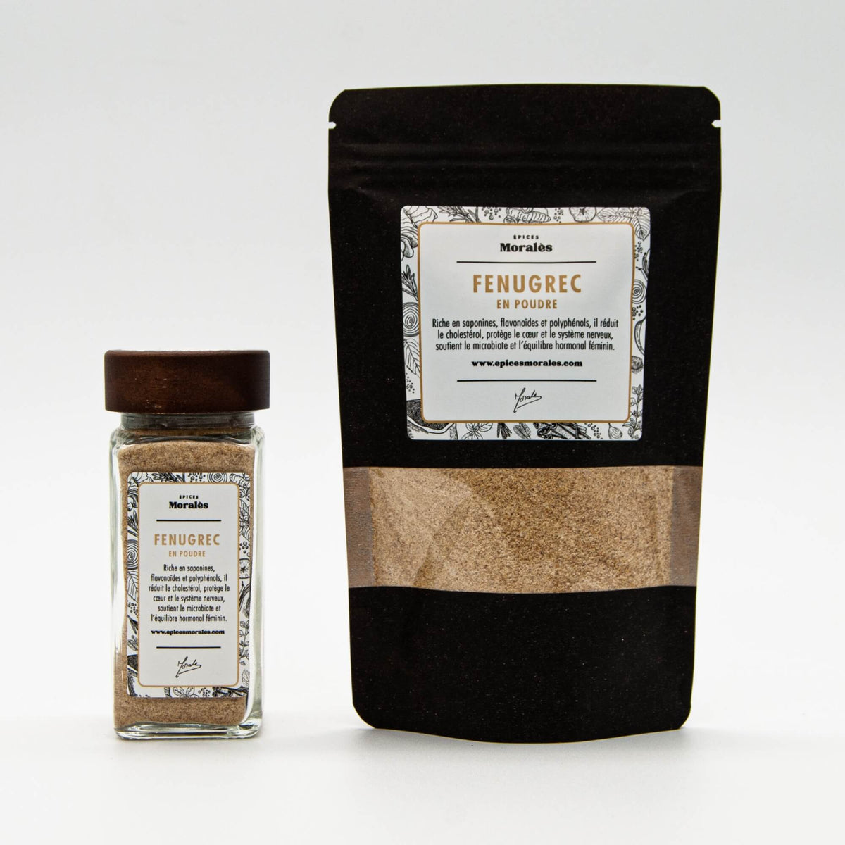 Fiole et recharge de fenugrec en poudre Épices Moralès, épice aromatique et digestive pour plats mijotés.