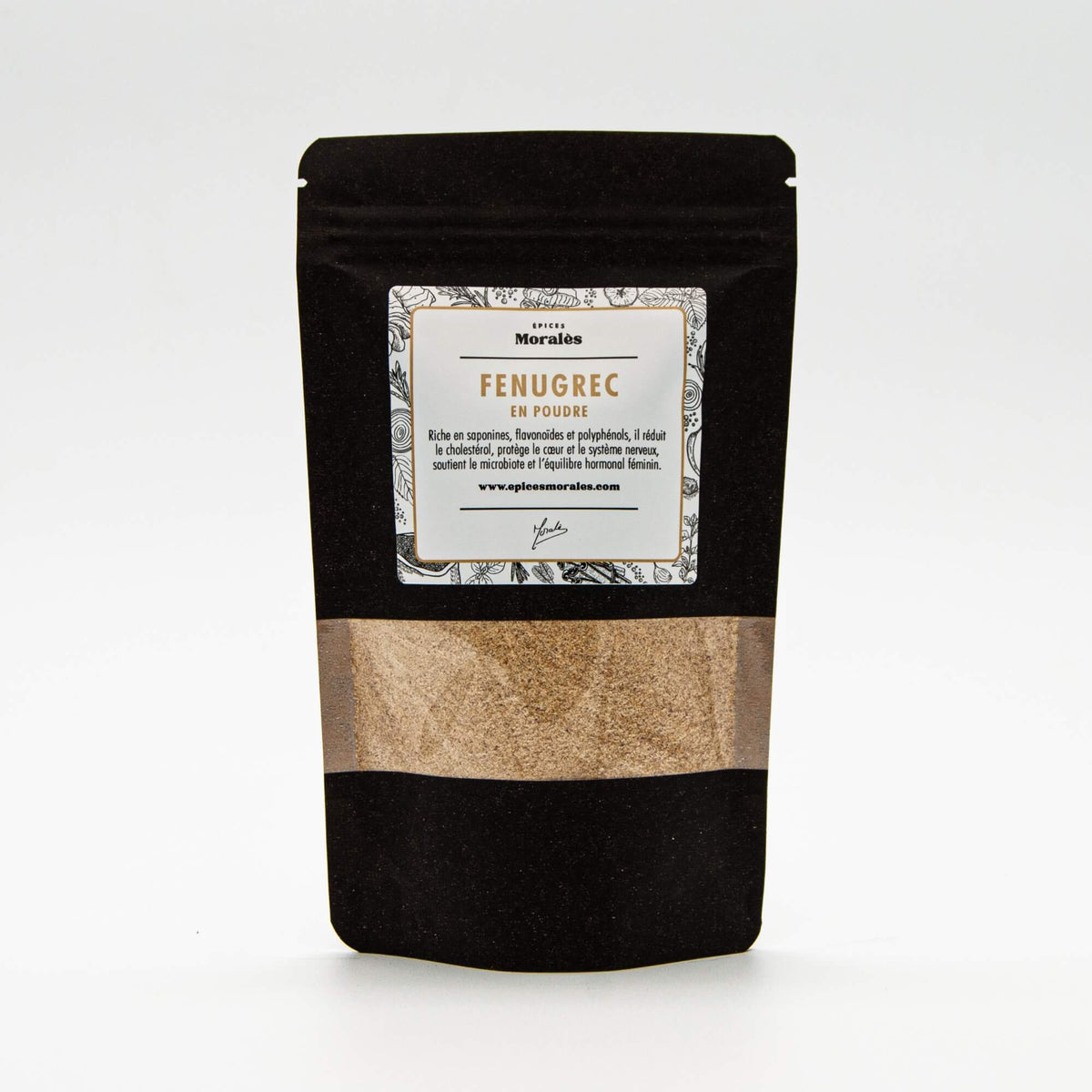 Recharge de fenugrec en poudre Épices Moralès en sachet kraft noir refermable, épice traditionnelle pour cuisine indienne.
