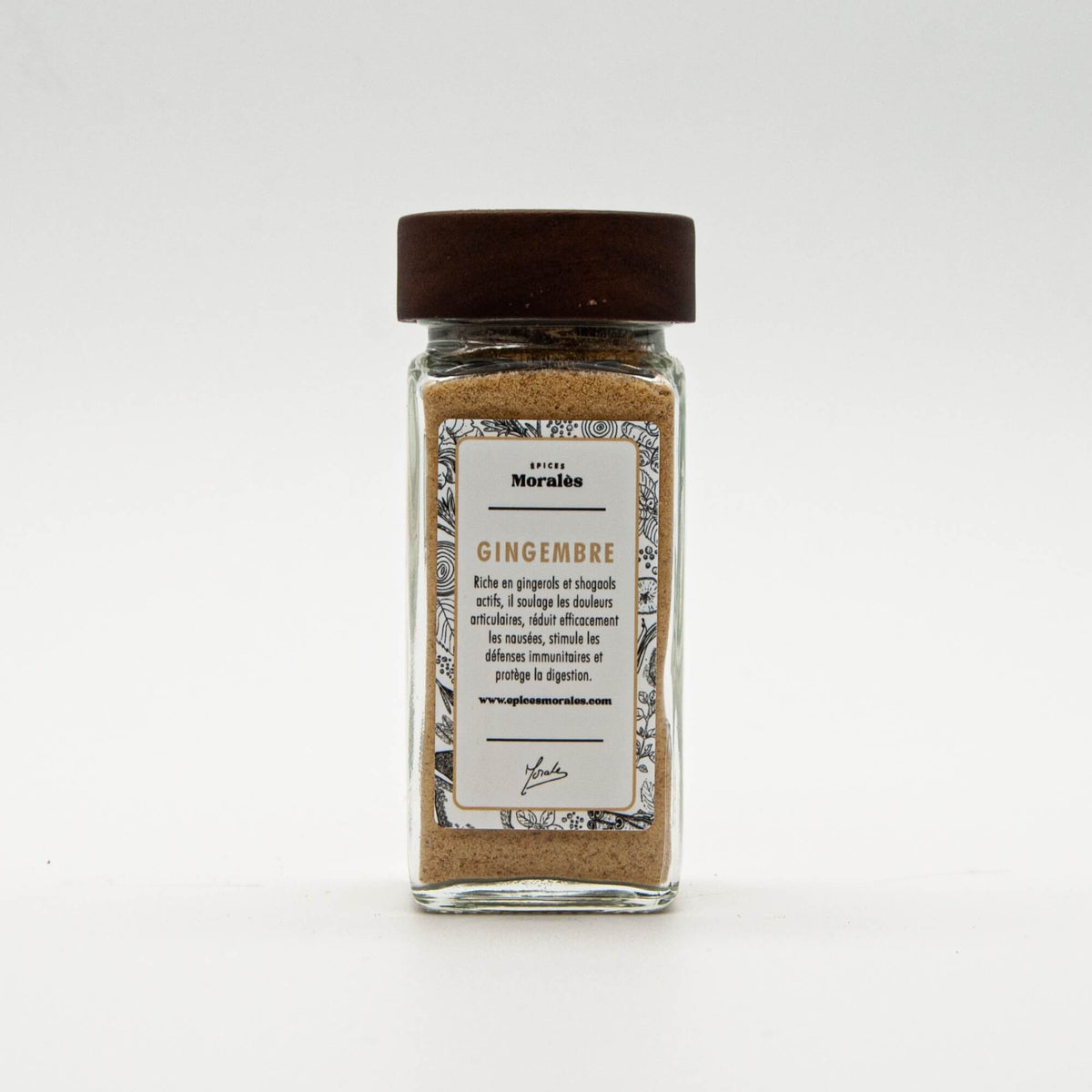 Fiole de gingembre en poudre Épices Moralès, épice piquante et citronnée pour plats, thés et pâtisseries.