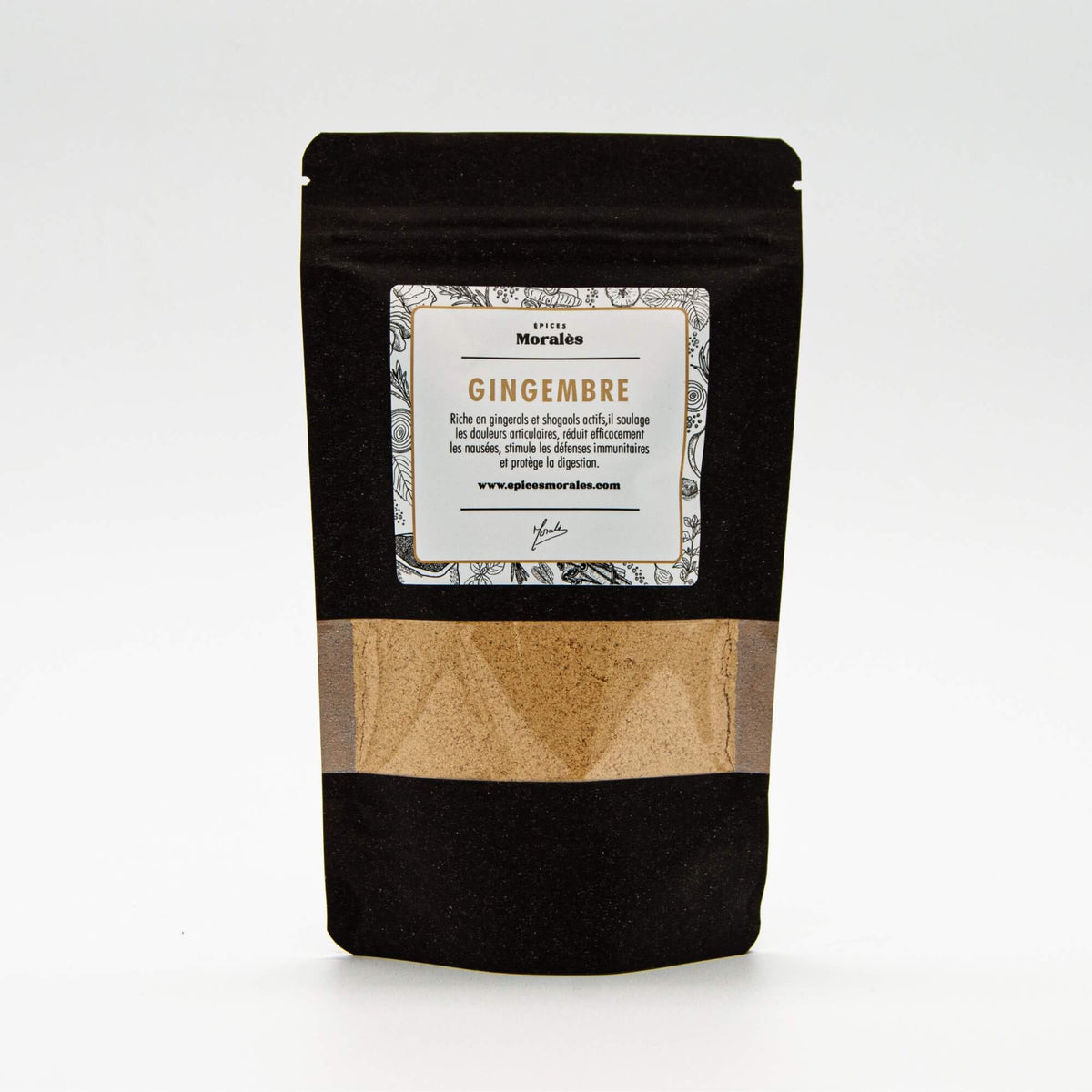 Recharge de gingembre en poudre Épices Moralès en sachet kraft noir refermable, poudre relevée pour cuisine du monde.