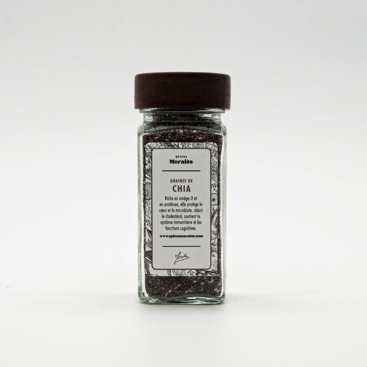 Fiole de graines de chia Épices Moralès, petites graines riches et croquantes pour smoothies, salades et bowls.