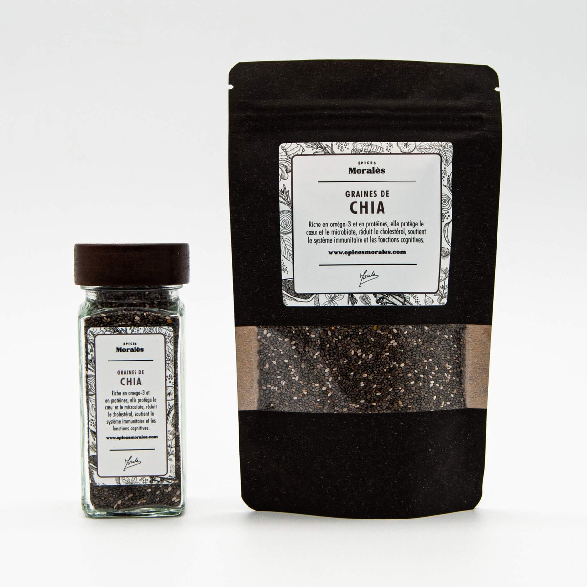 Fiole et recharge de graines de chia Épices Moralès, graines nutritives parfaites pour puddings et toppings.