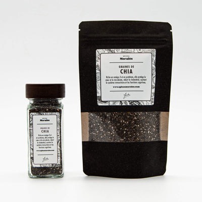 Fiole et recharge de graines de chia Épices Moralès, graines nutritives parfaites pour puddings et toppings.