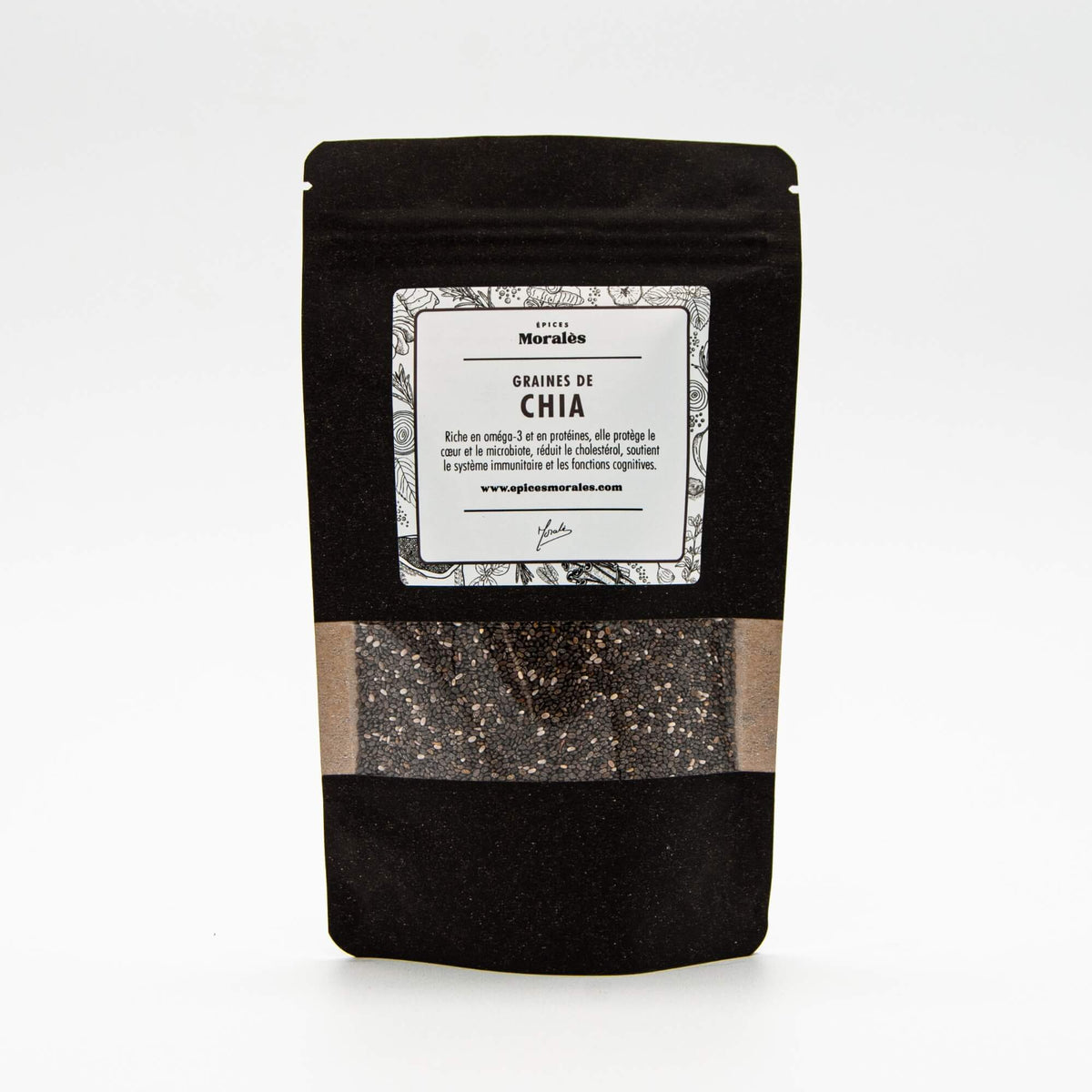 Recharge de graines de chia Épices Moralès en sachet kraft noir refermable, super-aliment pour recettes saines.
