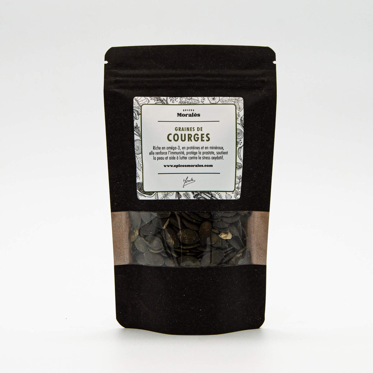 Recharge de graines de courge Épices Moralès en sachet kraft noir refermable, graines savoureuses pour cuisine et apéritif.