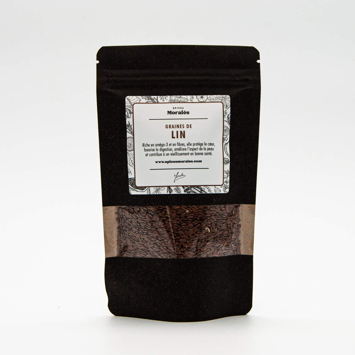 Recharge de graines de lin Épices Moralès en sachet kraft noir refermable, graines naturelles à saupoudrer sur vos plats.