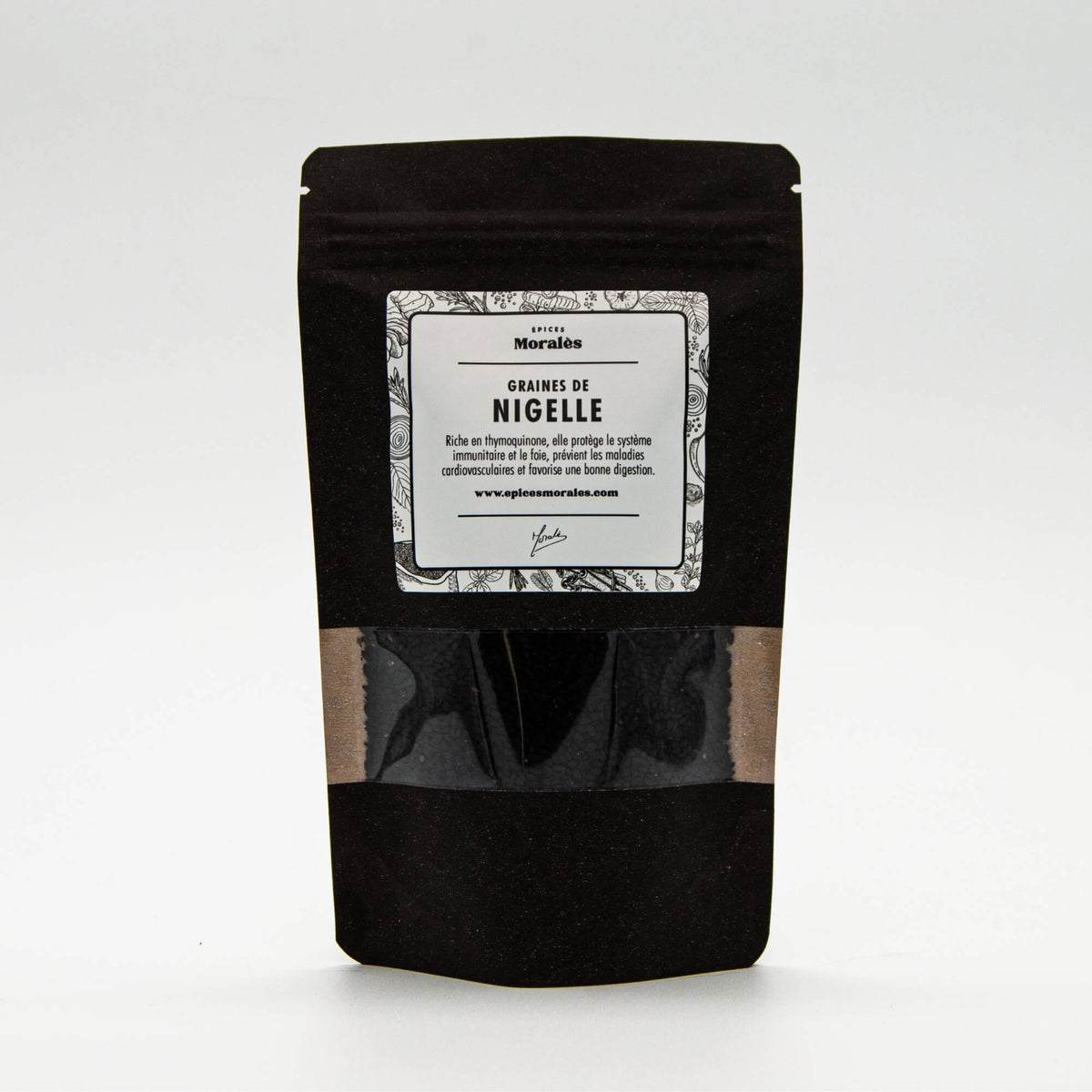 Recharge de graines de nigelle Épices Moralès en sachet kraft noir refermable, graines parfumées et croquantes.