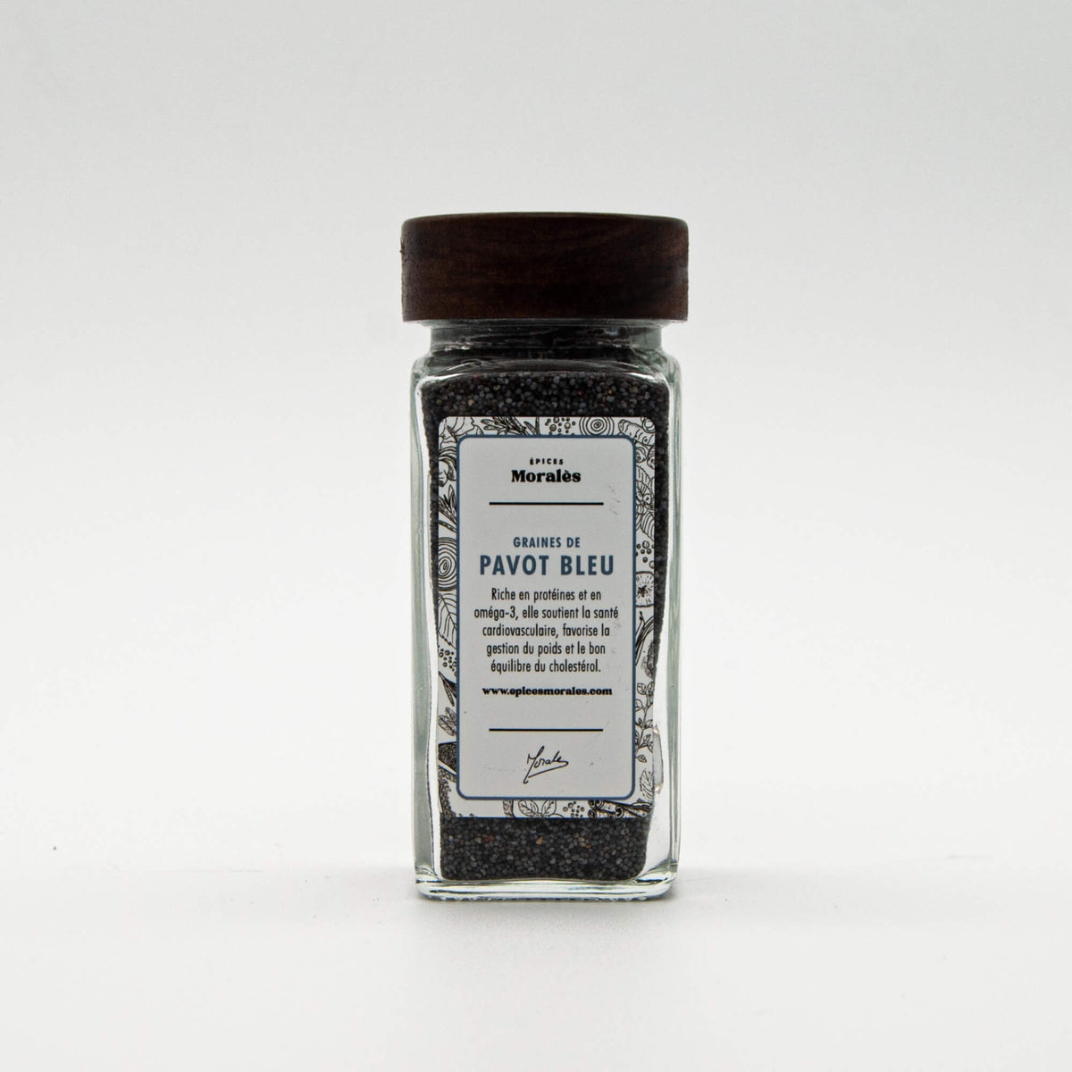 Fiole de graines de pavot bleu Épices Moralès, graines croquantes au goût de noisette pour pains et desserts.