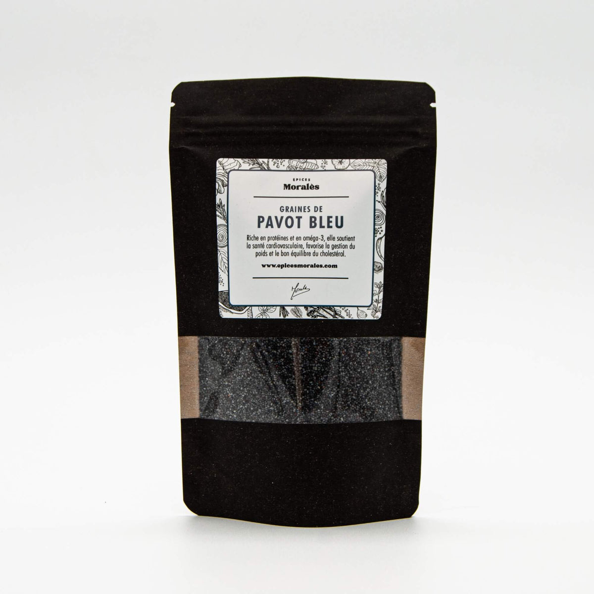 Recharge de graines de pavot bleu Épices Moralès en sachet kraft noir refermable, graines fines riches en goût et texture.
