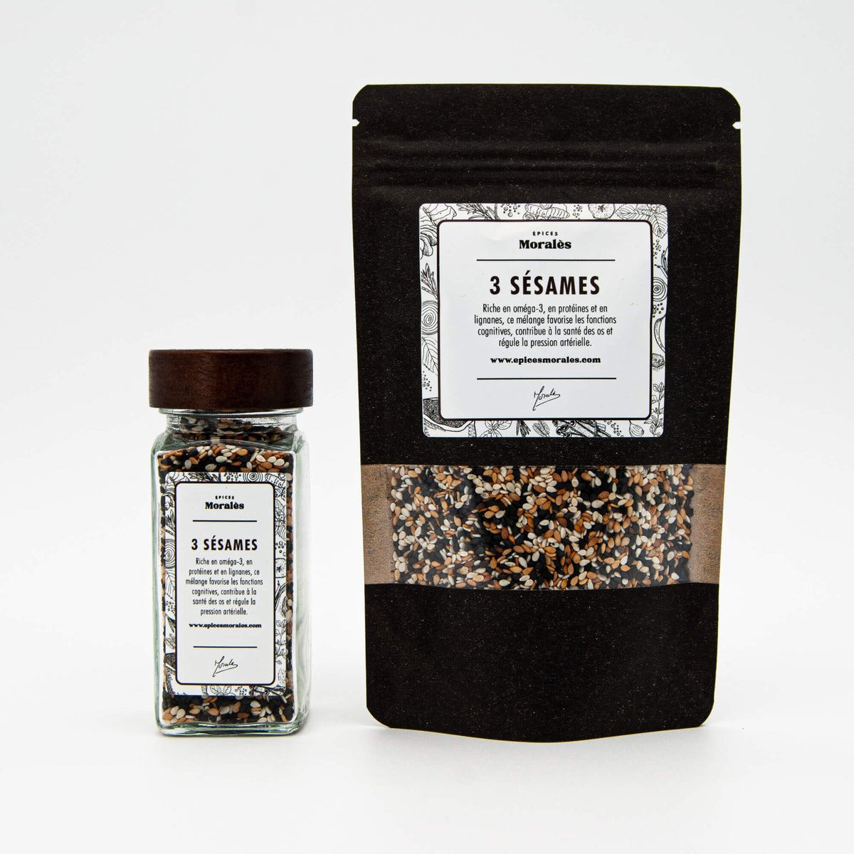 Fiole et recharge de graines trois sésames Épices Moralès, mélange gourmand pour cuisine asiatique et pâtisseries.