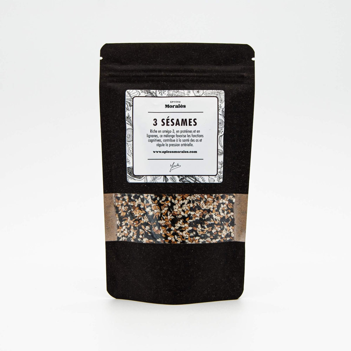 Recharge de graines trois sésames Épices Moralès en sachet kraft noir refermable, riche en goût et croquant.