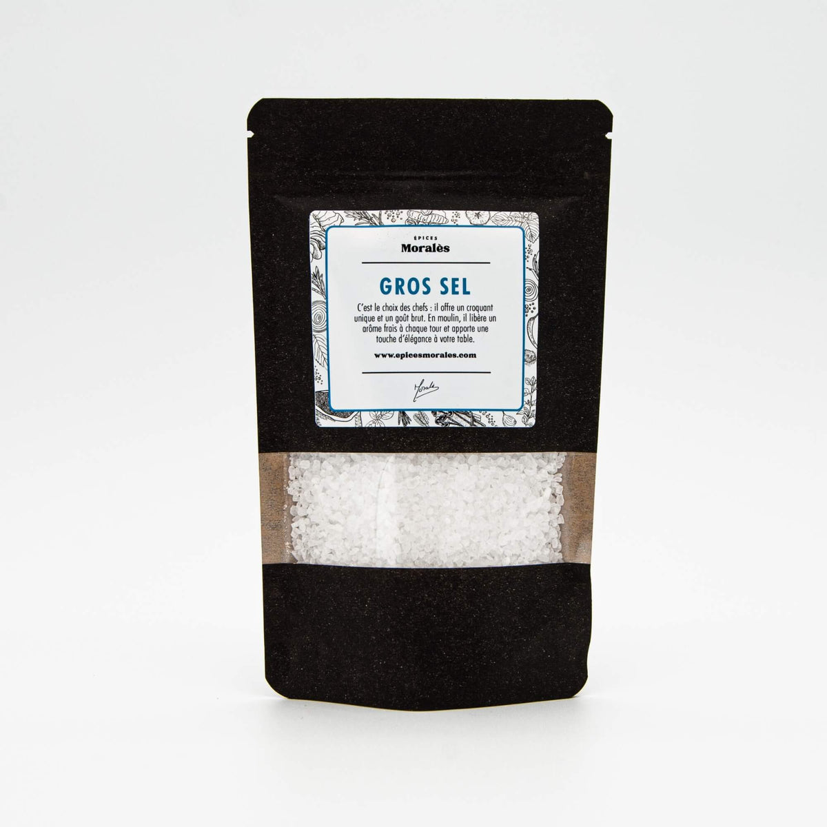 Recharge de gros sel marin Épices Moralès en sachet kraft noir refermable, sel brut parfait pour cuisson et assaisonnement.