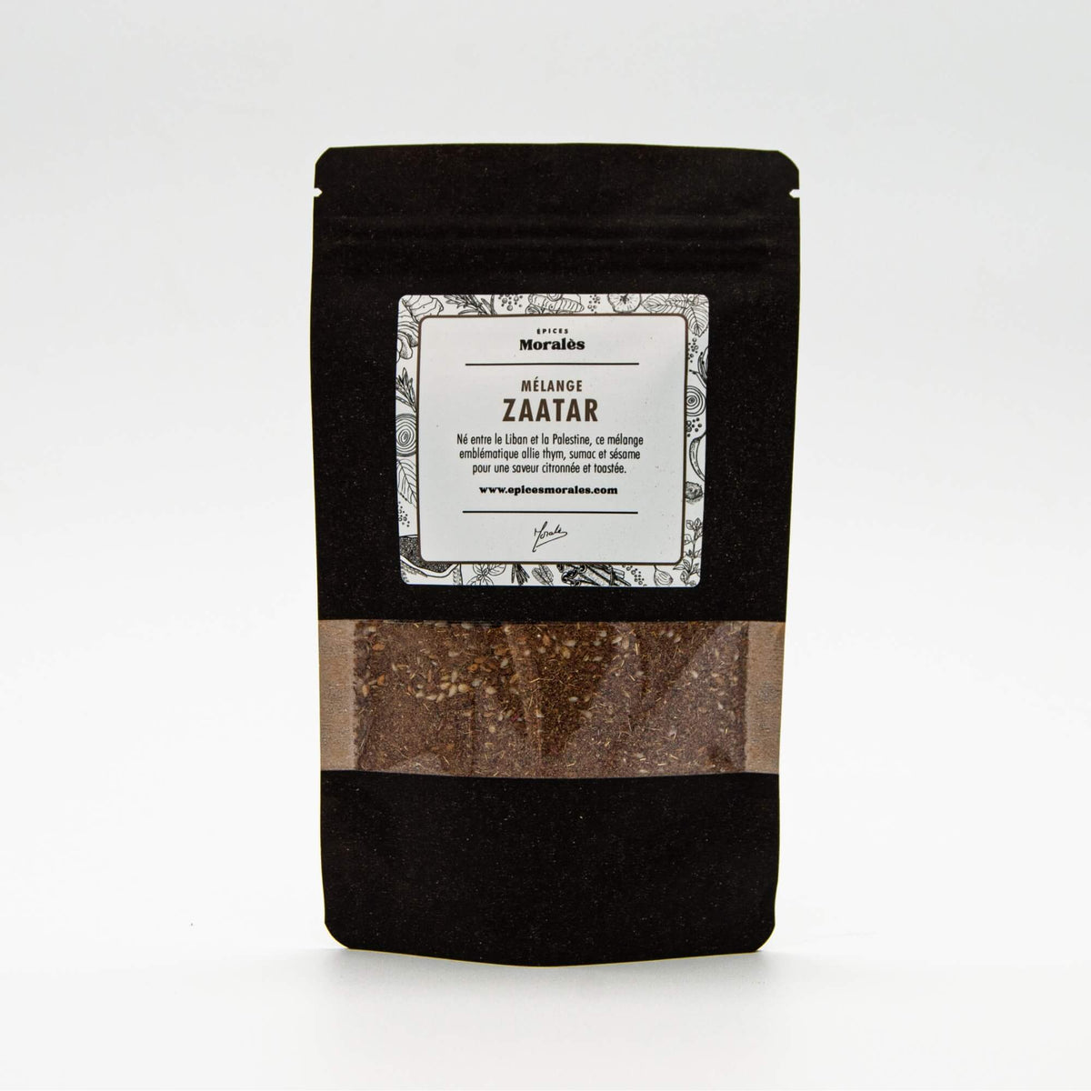 Recharge de mélange Zaatar Épices Moralès en sachet kraft noir refermable, mélange oriental pour pains et marinades.