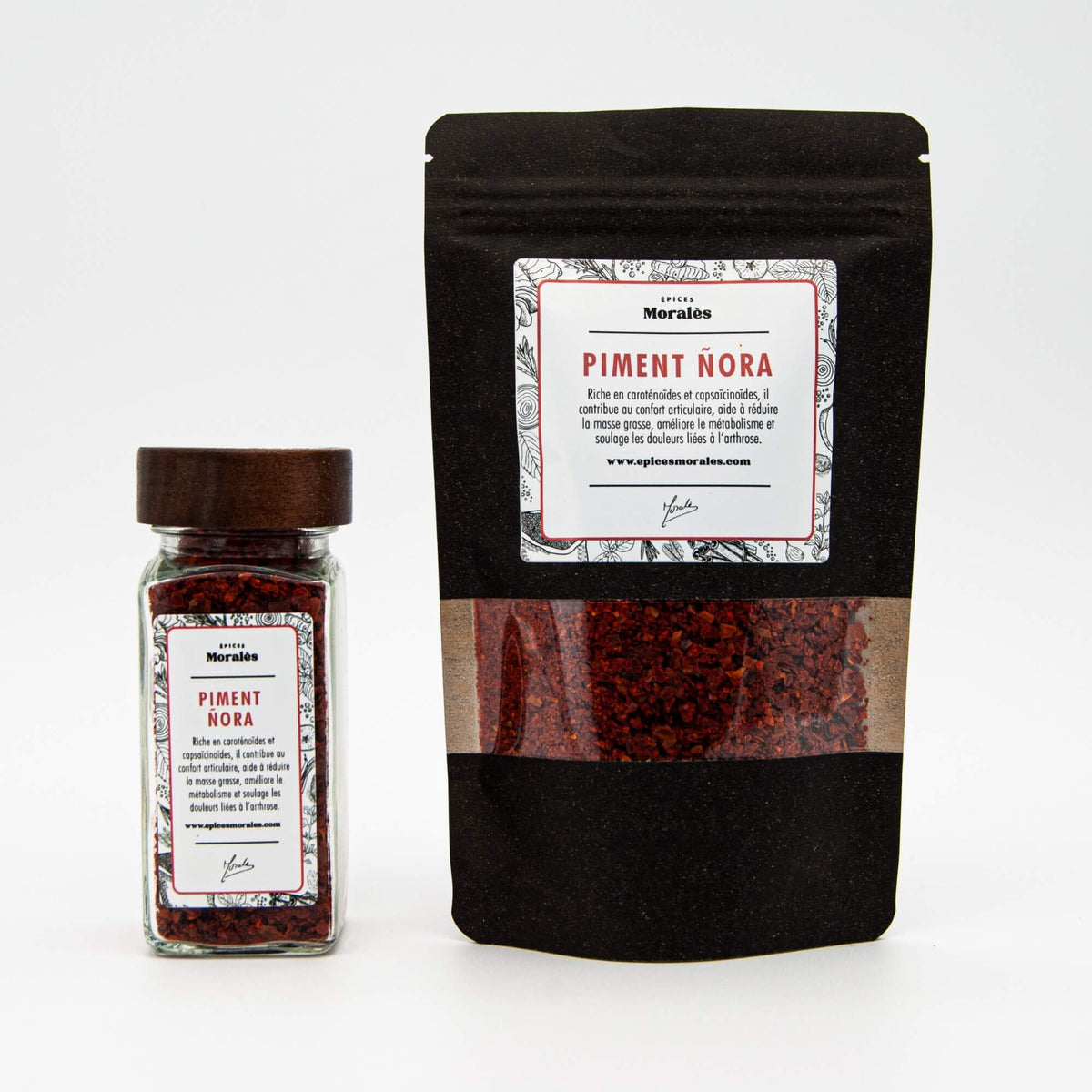 Fiole et recharge de piment Nôra “Poivron” Épices Moralès, piment doux espagnol idéal pour plats méditerranéens.