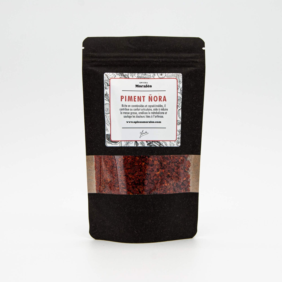 Recharge de piment Nôra “Poivron” Épices Moralès en sachet kraft noir refermable, piment doux pour paellas et sauces.