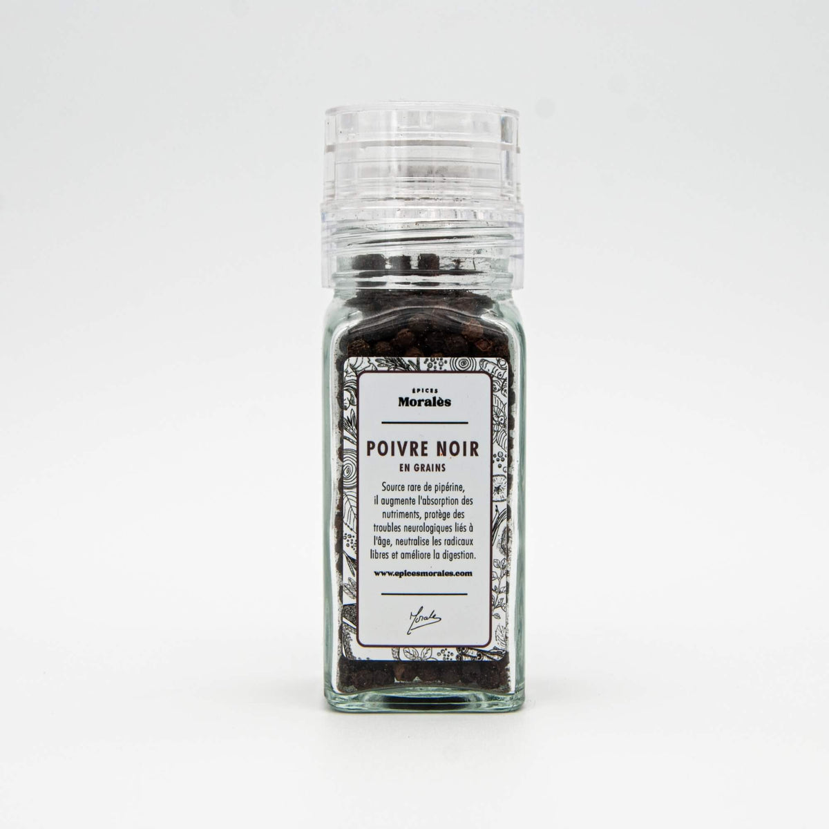 Moulin de table de poivre noir en grains Épices Moralès, poivre entier corsé et parfumé pour moudre à la minute.