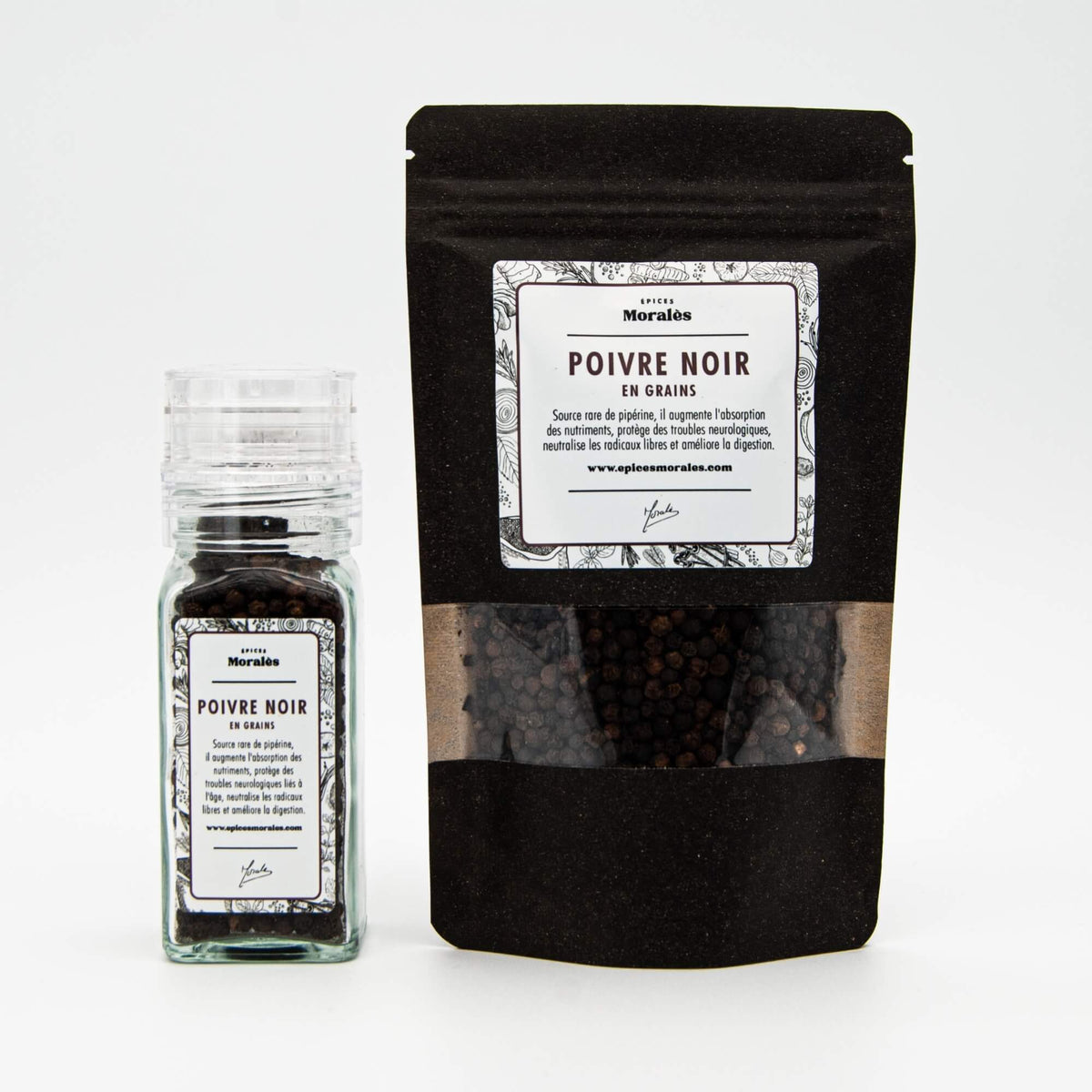 Moulin de table et recharge de poivre noir en grains Épices Moralès, poivre entier riche en arômes pour toutes vos recettes.