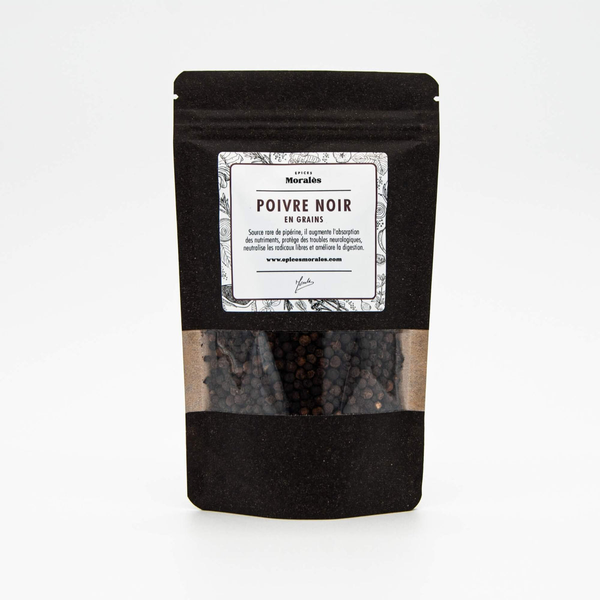 Recharge de poivre noir en grains Épices Moralès en sachet kraft noir refermable, poivre intense pour assaisonnement.