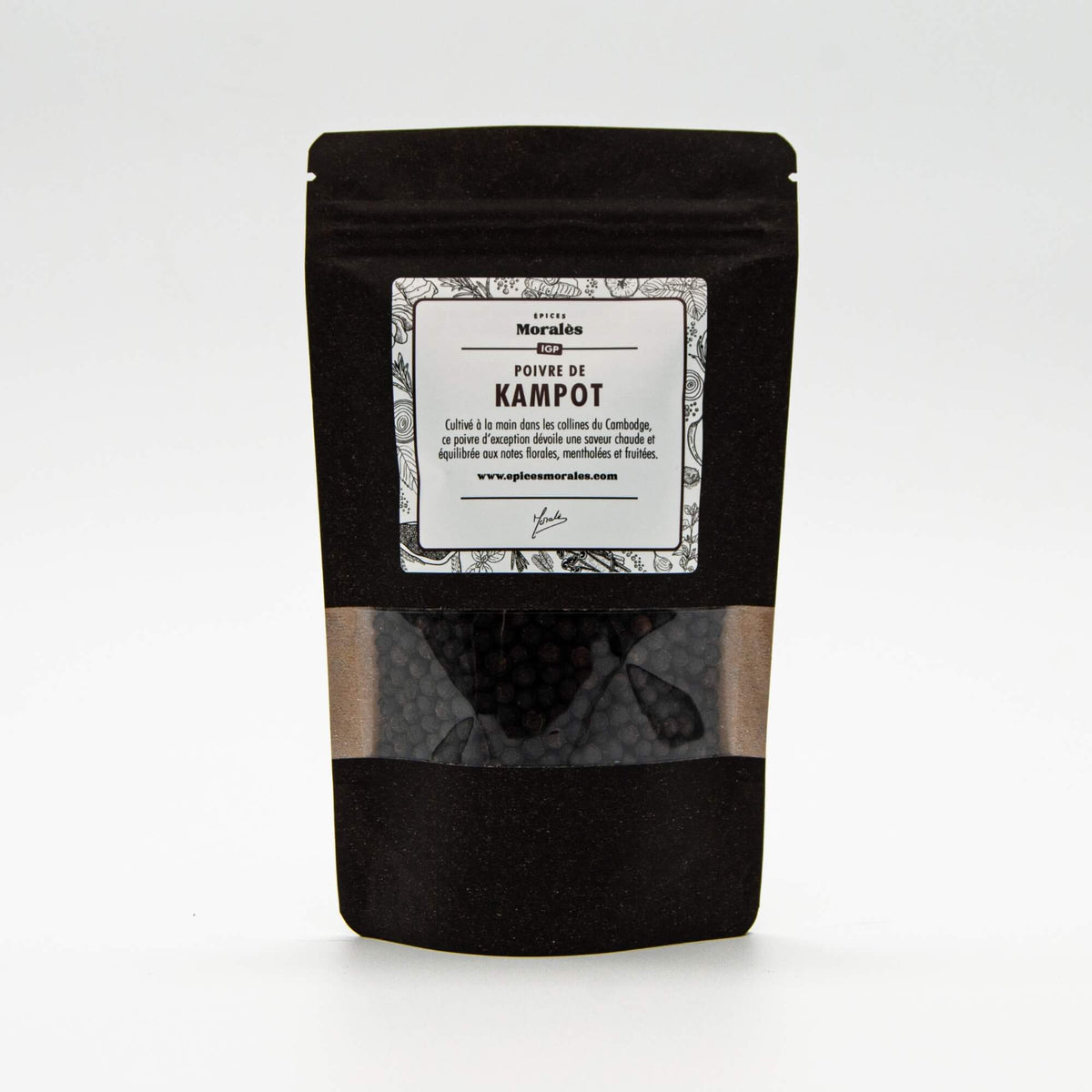 Recharge de poivre noir de Kampot Épices Moralès en sachet kraft noir refermable, poivre rare au goût intense.