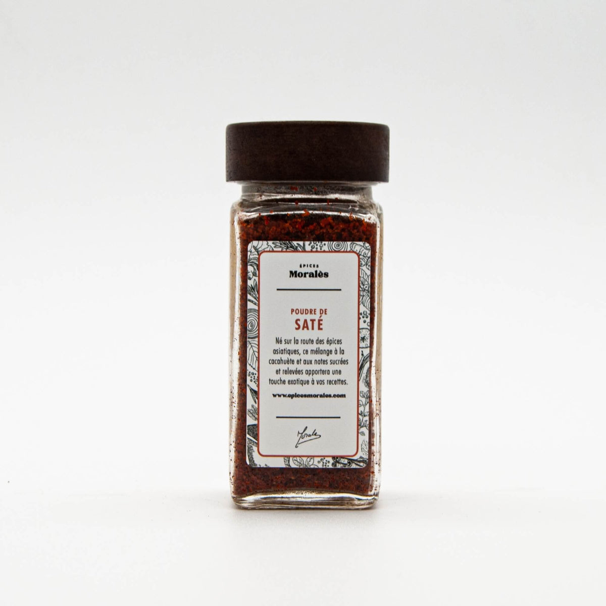 Fiole de poudre de Saté Épices Moralès, mélange asiatique pimenté et aromatique pour wok et grillades.