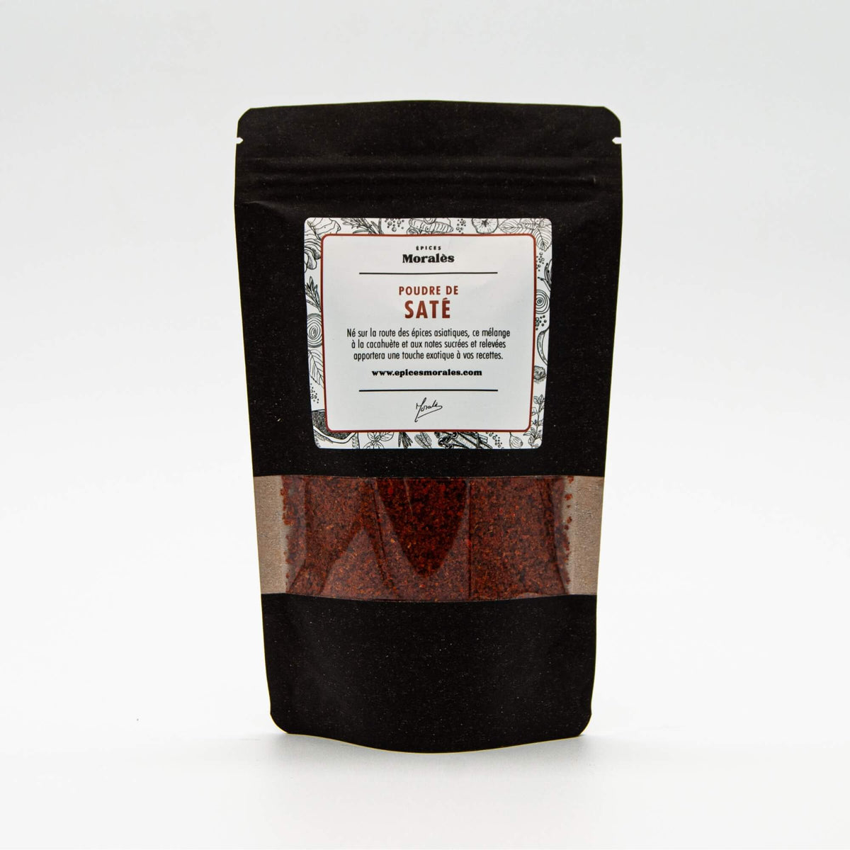 Recharge de poudre de Saté Épices Moralès en sachet kraft noir refermable, mélange épicé pour sauces et marinades.