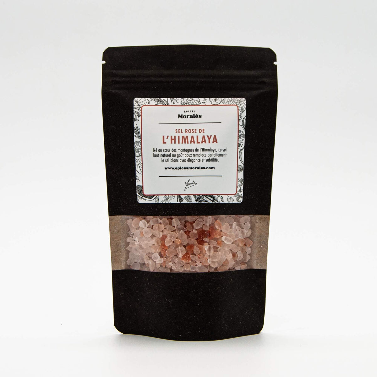 Recharge de sel rose d’Himalaya Épices Moralès en sachet kraft noir refermable, sel brut et délicatement coloré.