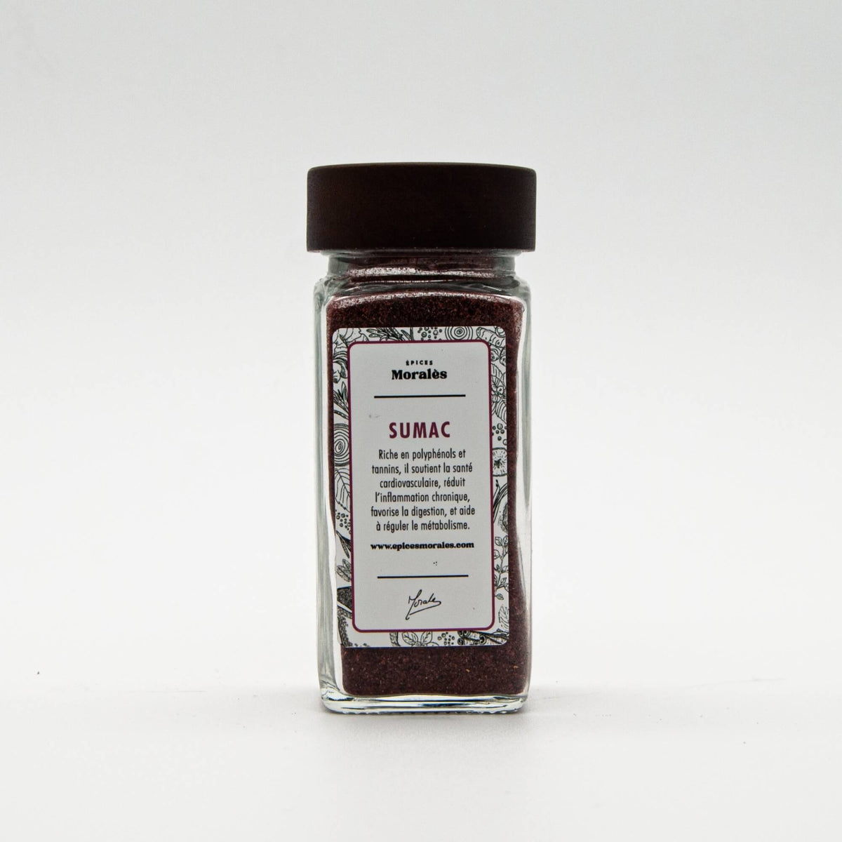 Fiole de sumac Épices Moralès, épice libanaise rouge à la saveur acidulée pour salades et viandes grillées.