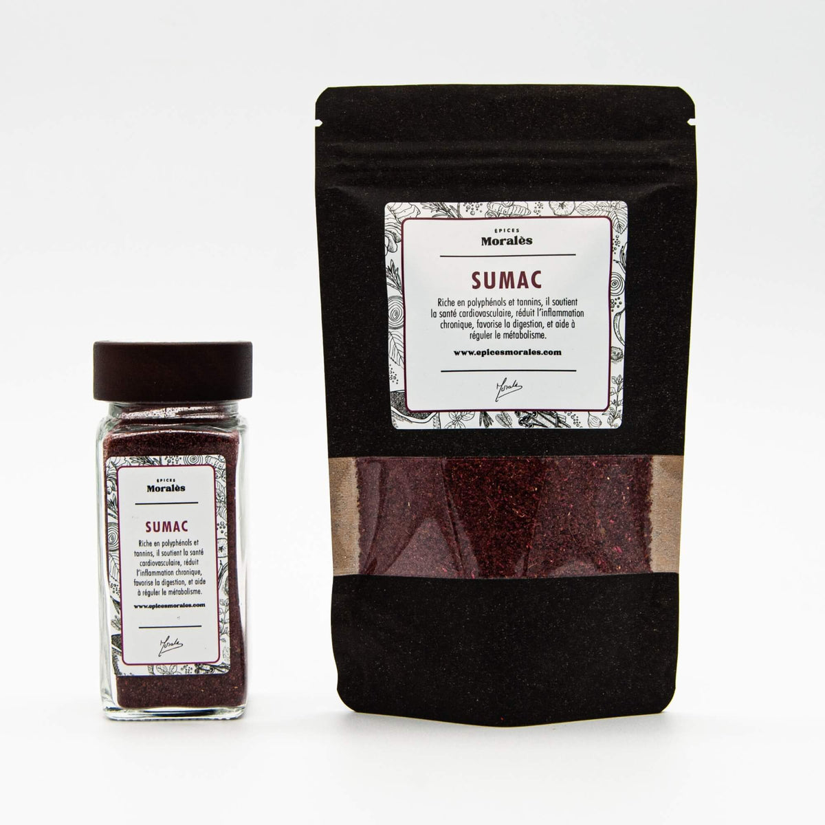 Fiole et recharge de sumac Épices Moralès, épice acidulée emblématique de la cuisine du Moyen-Orient.